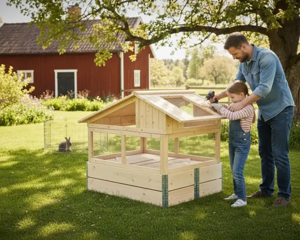 Pappa och dotter bygger en kaninbur utomhus. En kanin sitter i en annan bur i bakgrunden.