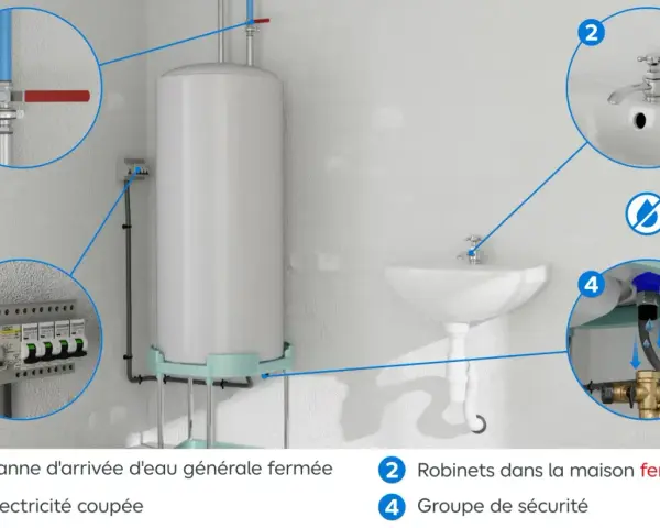 Illustration montrant les étapes pour sécuriser une installation : vanne d'eau fermée, électricité coupée, robinets fermés et le groupe de sécurité.