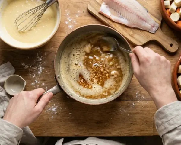 Une noisette de beurre fond dans une casserole, prête à sublimer le poisson et les légumes d'une préparation culinaire.
