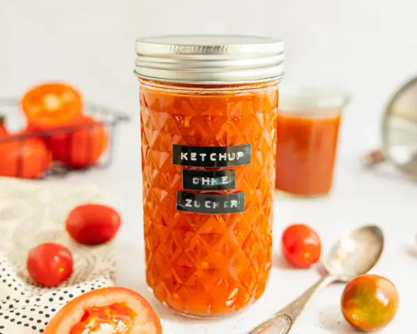 Glas mit selbstgemachtem Ketchup ohne Zucker, umgeben von frischen Tomaten. Ein Löffel liegt daneben.