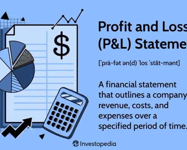 A Profit and Loss (P&L) statement, showing a pie chart, calculator, and dollar sign, explains the p&l meaning by detailing a company's revenue, costs, and expenses.