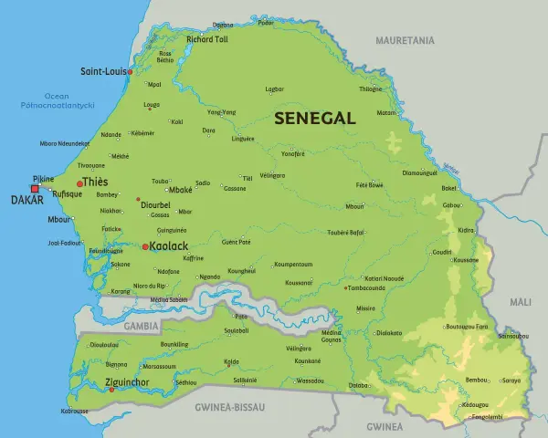 Mapa polityczna Senegalu, gdzie jest Senegal, z zaznaczonymi miastami jak Dakar, Saint-Louis i Ziguinchor.