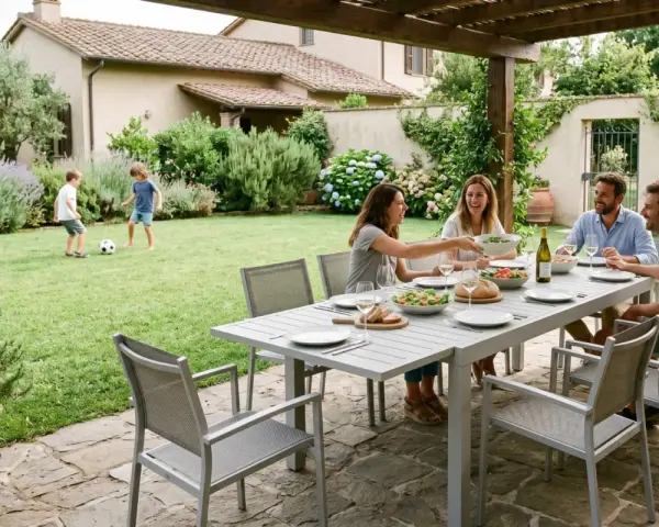 Famiglia che pranza all'aperto, con bambini che giocano a calcio. Perfette idee zona relax giardino per godersi la vita.