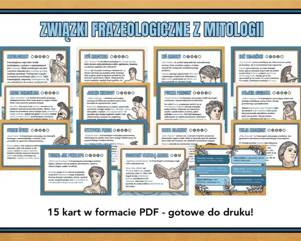 Zestaw 15 kart PDF: "Związki frazeologiczne z mitologii". Poznaj co to frazeologizm i jego pochodzenie.