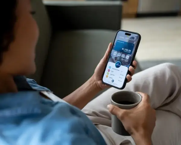 Kobieta z kawą sprawdza na telefonie, jak sprawdzić zadłużenie komornicze, analizując finanse domowe.