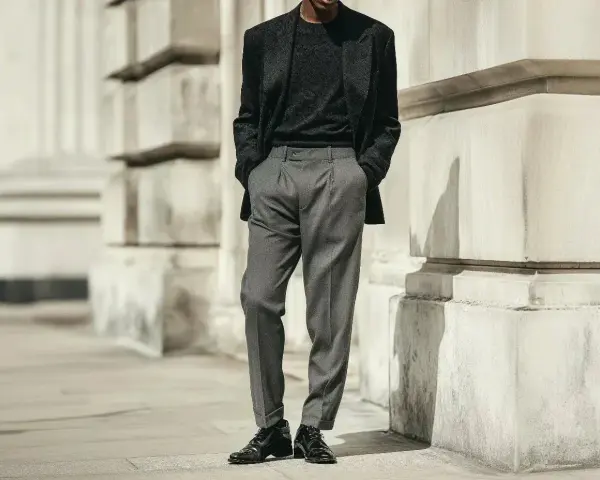 Uomo con outfit elegante: giacca scura, maglione nero e pantaloni chino grigi. Scarpe stringate lucide completano il look.
