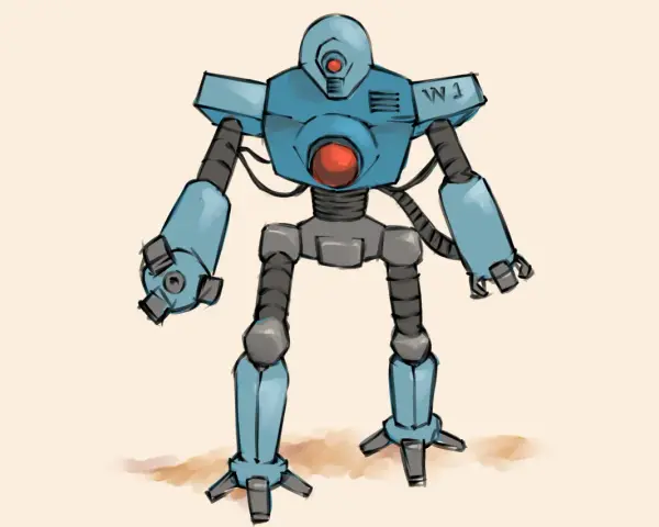 Niebieski robot z czerwonym okiem i brzuchem, z oznaczeniem "W1" na ramieniu. Dowiedz się, jak narysować robota krok po kroku.