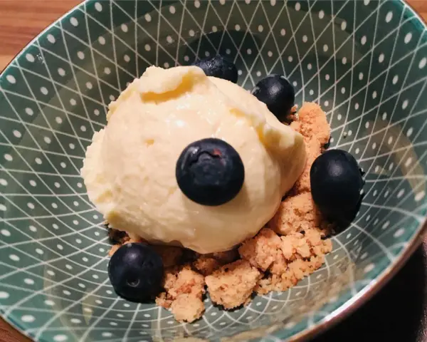 Cremiges Eis mit Blaubeeren und Streuseln in einer grünen Schale. Sojalecithin Verwendung macht das Eis besonders zart.