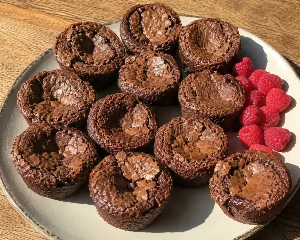 En tallrik med kladdiga chokladmuffins och färska hallon. Perfekt för fikat!