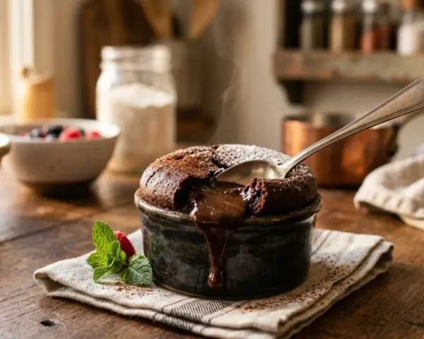 Un fondant au chocolat fumant, cœur coulant, prêt à être dégusté. Une cuillère y plonge, révélant sa richesse.
