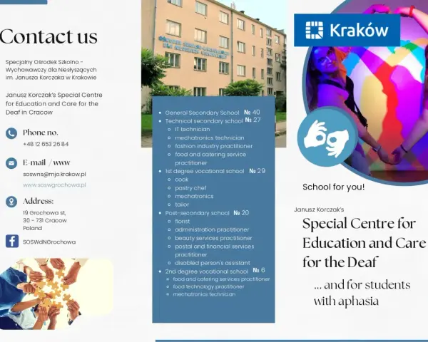 Specjalny Ośrodek Szkolno-Wychowawczy w Krakowie oferuje edukację dla dzieci z wadami słuchu i z afazją, zapewniając im wszechstronny rozwój.