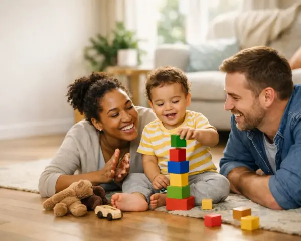 Glückliche Familie spielt mit Bauklötzen. Das Kind lernt spielerisch, wie man spricht, während Mama und Papa zuschauen.