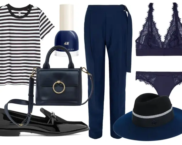 Conjunto elegante: camiseta a rayas, pantalón azul marino, lencería de encaje, bolso, zapatos y sombrero. El azul y negro combinan a la perfección.