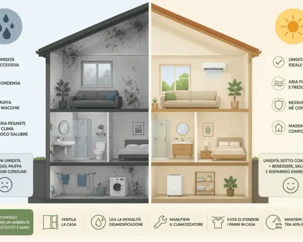 Casa con umidità eccessiva e muffa a sinistra, e un ambiente sano con deumidificatore a destra. Finestre aperte o chiuse non cambiano il risultato se l'umidità non è controllata.