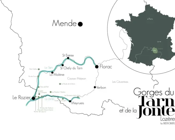 Carte des Gorges du Tarn et de la Jonte, montrant les villages, points d'intérêt et la région Lozère.