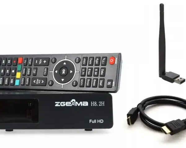 Zestaw do telewizji satelitarnej: dekoder, pilot, kabel HDMI i antena Wi-Fi.