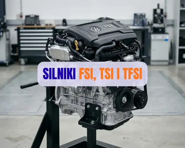 Silnik 2.0 TFSI na stojaku, gotowy do prezentacji technologii FSI, TSI i TFSI.