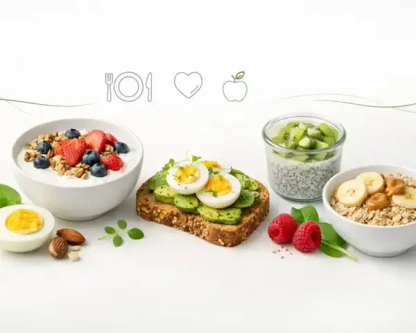 Zdrowe śniadanie: jogurt z owocami, kanapka z awokado i jajkiem, owsianka z bananem i nasiona chia z kiwi.