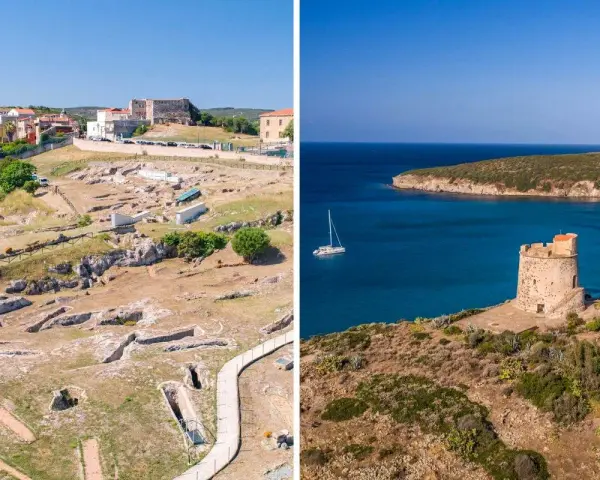 Sant'Antioco, la città più antica d'Italia, mostra le sue rovine archeologiche e la sua torre costiera affacciata sul mare blu.