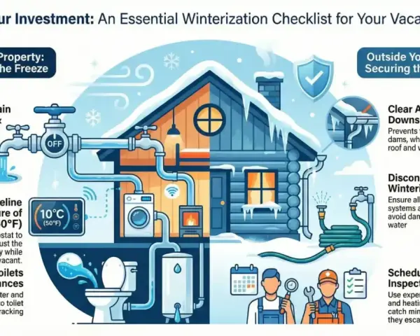 Checklist for how to winterize your home: Shut off water, drain pipes, maintain temperature, winterize toilets, clear gutters, disconnect hoses, and schedule inspections.