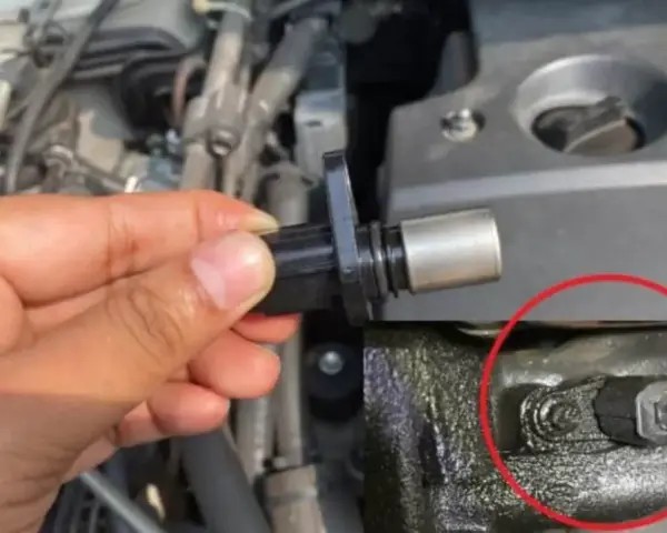 A hand holds a crankshaft position sensor, with a close-up showing the sensor installed. These parts are key to preventing common crankshaft position sensor symptoms like engine stalling.