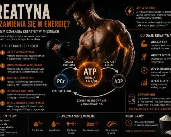 Kreatyna daje siłę, wydolność i regenerację, nawet bez treningu. Pomaga odbudować ATP, paliwo dla mięśni.