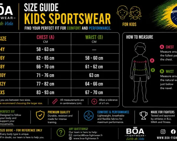 Tabella misure sartoriali bambini BOA: guida taglie sportswear, con misure di torace e vita per ogni età.