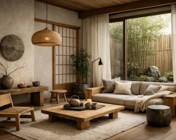 Soggiorno in stile Japandi con divano, tavolino basso in legno, sedia in paglia e vista su un giardino zen.
