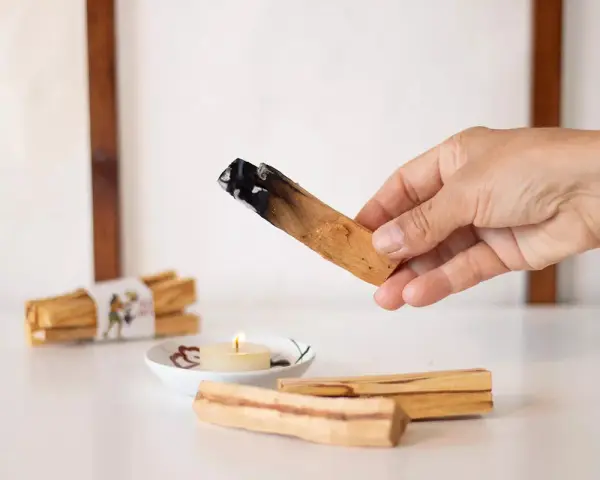 Mano sosteniendo un palo santo encendido, mostrando para qué sirve: purificación y aroma. Hay más palos y una vela encendida.