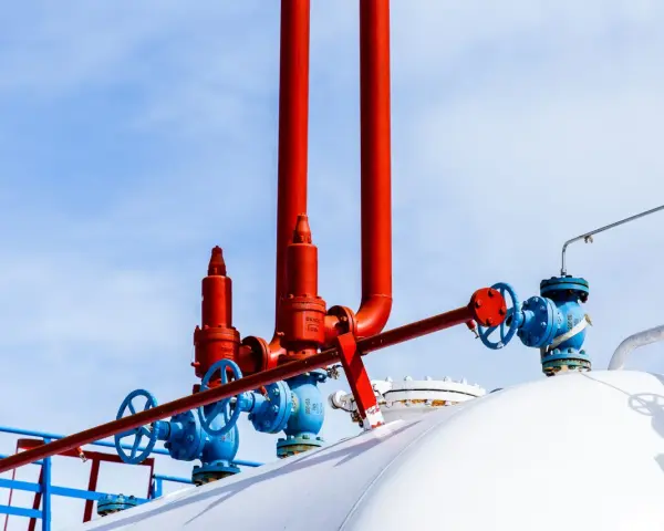 Zawory i rury przy białym zbiorniku na gaz. Zastanawiasz się, na ile wystarcza zbiornik na gaz 2700?
