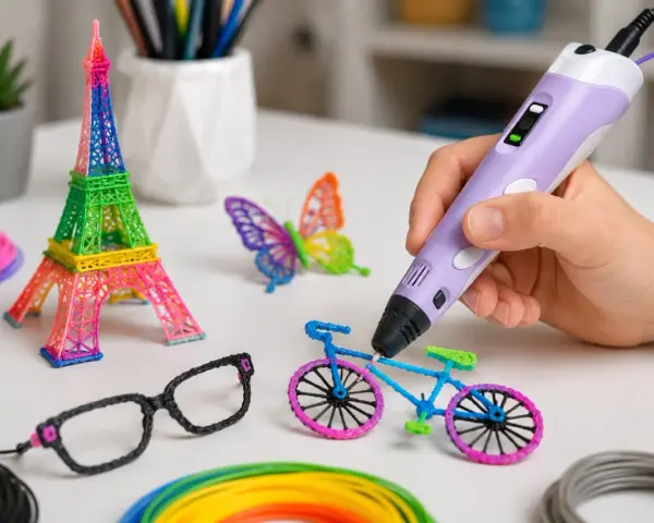 Ręka trzyma fioletowy długopis 3D, tworząc rower. Obok stoją wieża Eiffla, motyl i okulary. Widać też kolorowe filamenty, pokazujące, jak działa długopis 3D.
