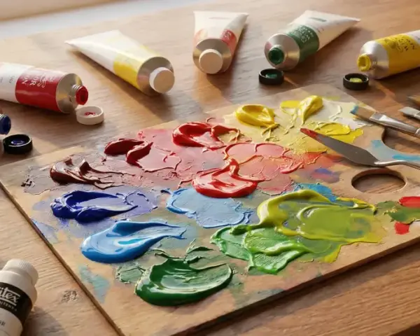 Kolorowa paleta z farbami tempera i akrylowymi, tubki z farbami i pędzle na drewnianym stole.