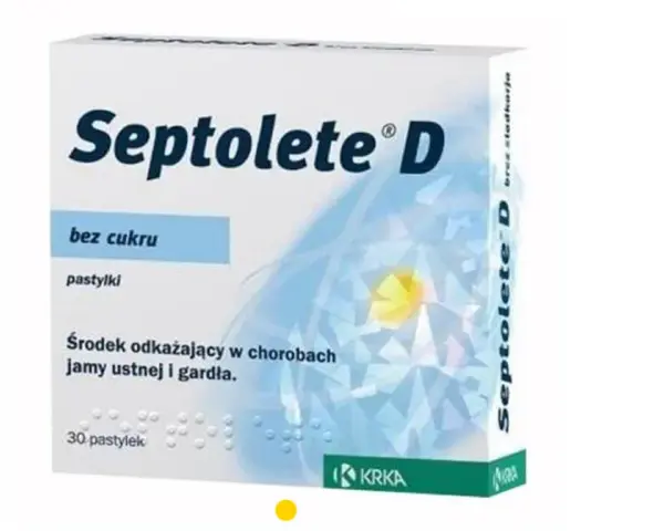 Opakowanie pastylek bez cukru Septolete D, środka odkażającego jamę ustną i gardło. 30 sztuk.