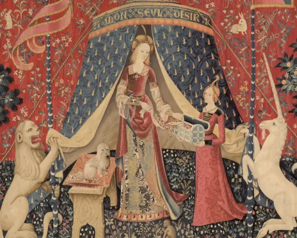 Tapiz del "Dama y el Unicornio" en el museo Cluny. Una dama recibe un collar de un unicornio, custodiada por un león.