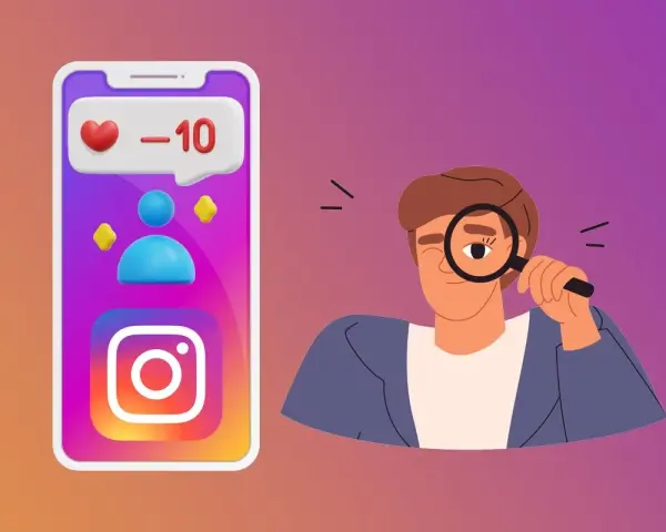 Mann mit Lupe schaut auf Instagram-App mit Herz und -10 Followern.
