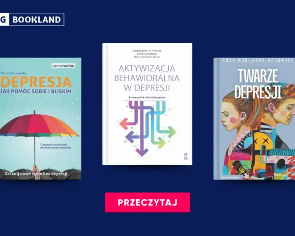 Trzy okładki książek o depresji: z parasolką, schematem i portretami.