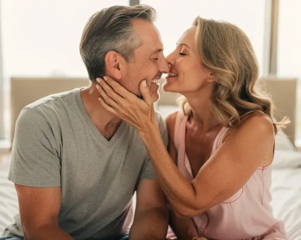 Un couple s'embrasse tendrement, un moment intime qui éveille le désir. Comment avoir envie de faire l'amour ? La connexion et la complicité.
