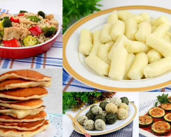 Kolorowy kolaż potraw: ryż z warzywami, kluski, naleśniki, kulki ryżowe i faszerowana cukinia.