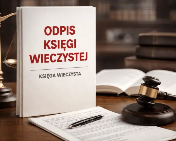 Odpis księgi wieczystej: kto może uzyskać ten dokument? Na biurku prawnika leży księga, waga sprawiedliwości i młotek sędziowski.