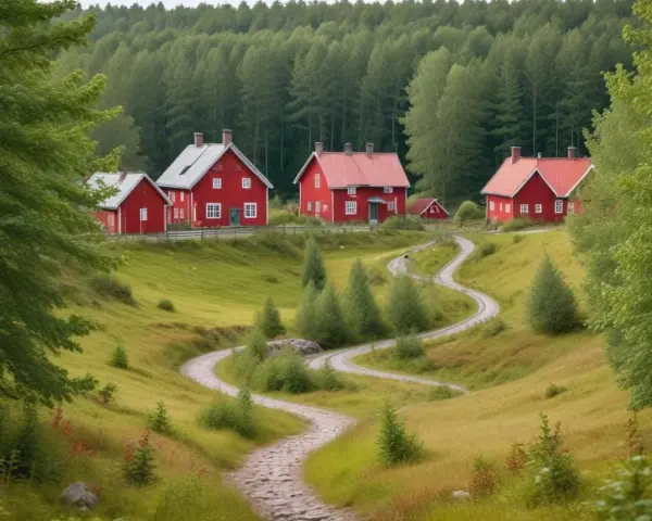 Röda hus i Småland, slingrande väg genom grönskande landskap. Perfekt för udda utflykter småland.