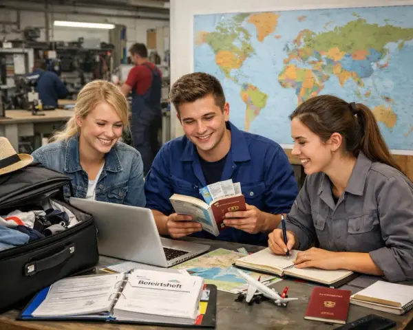 Drei junge Leute planen ihre berufsausbildung usa vergleich. Sie sitzen an einem Tisch mit einer Weltkarte, Pässen und einem Koffer.