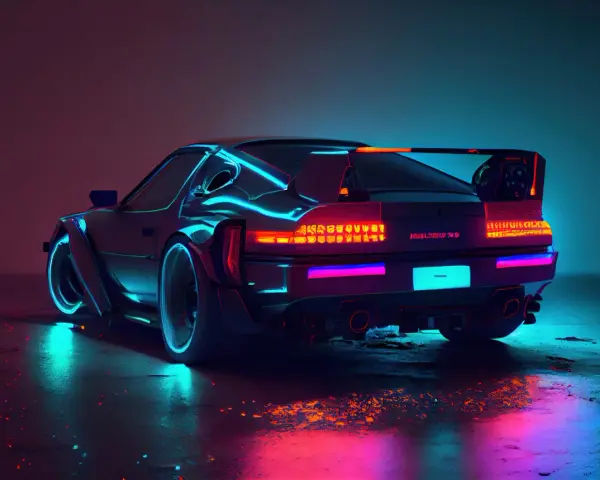 Neonowe, tanie sportowe auta w stylu retrofuturystycznym, odbijające się w mokrej nawierzchni.
