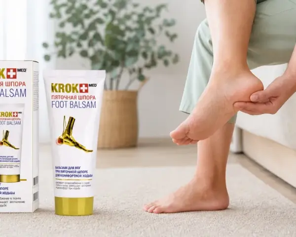 Balsam Krok Med Foot Balsam to pomoc w leczeniu ostrogi piętowej. Kobieta masuje bolącą piętę.