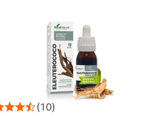 Extracto de siberian ginseng (Eleuterococo) de Soria Natural, en frasco gotero y caja, con raíz de la planta.