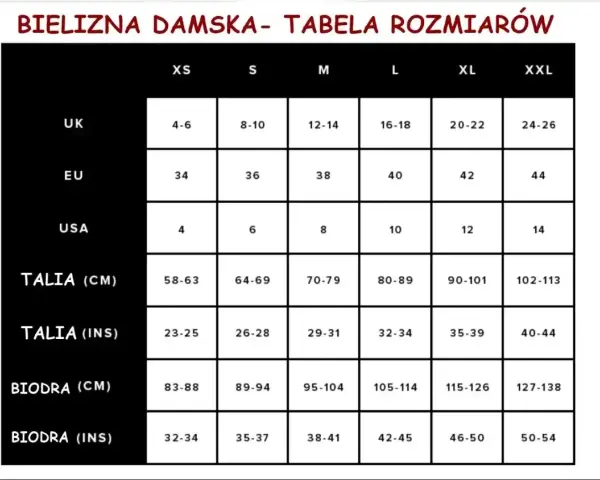 Tabela rozmiarów bielizny damskiej. Rozmiar XXL odpowiada EU 44, UK 24-26, USA 14, talii 102-113 cm, biodrom 127-138 cm.