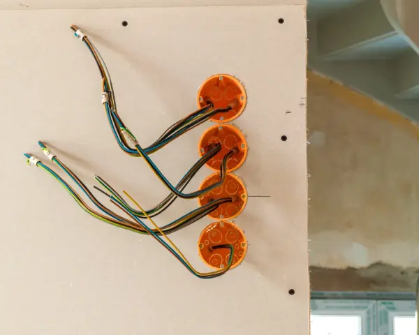 Instalacja elektryczna w trakcie prac. Widoczne puszki instalacyjne i kolorowe przewody wychodzące ze ścianki działowej.