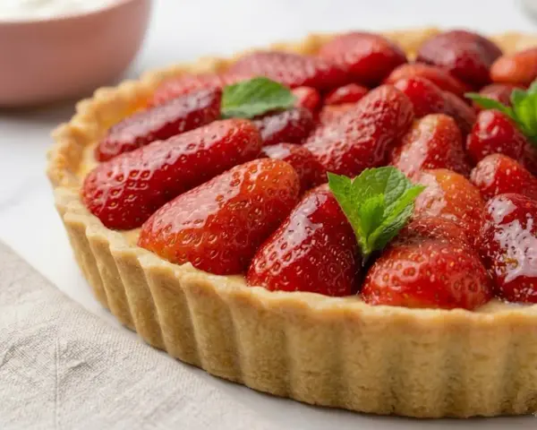 Tarte aux fraises fraîchement préparée, garnie de fruits rouges brillants et de feuilles de menthe, sur un fond clair.