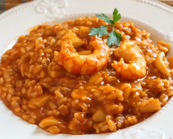 Delicioso arroz con mariscos, una de las mejores recetas de arroz. Servido en plato blanco con perejil fresco.