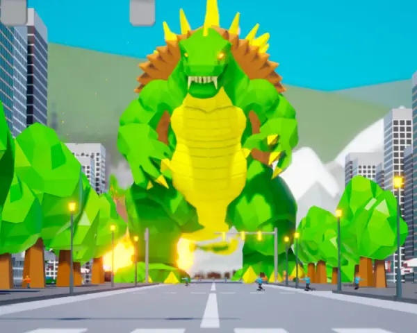 Un enorme monstruo verde estilo anime irrumpe en la ciudad, ¡listo para la acción en tus juegos anime pc!