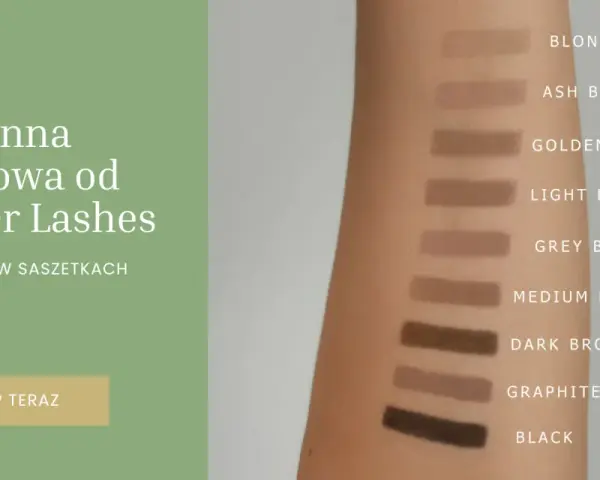 Próbki henny pudrowej Wonder Lashes na skórze ramienia. Dostępne odcienie: Blonde, Ash Blonde, Golden Brown, Light Brown, Grey Brown, Medium Brown, Dark Brown, Graphite, Black.